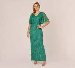 Adrianna Papell Hand-Beaded Illusion Long Column Blouson Gown In Jungle Green
