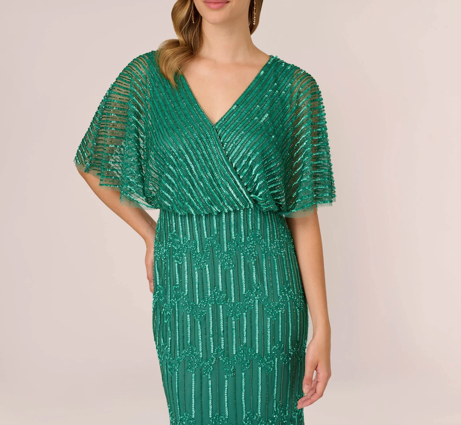 Adrianna Papell Hand-Beaded Illusion Long Column Blouson Gown In Jungle Green 5 Adrianna Papell Hand-Beaded Illusion Long Column Blouson Gown In Jungle Green - Image 3