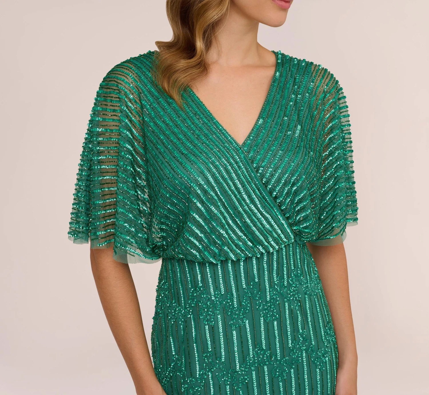 Adrianna Papell Hand-Beaded Illusion Long Column Blouson Gown In Jungle Green 6 Adrianna Papell Hand-Beaded Illusion Long Column Blouson Gown In Jungle Green - Image 4