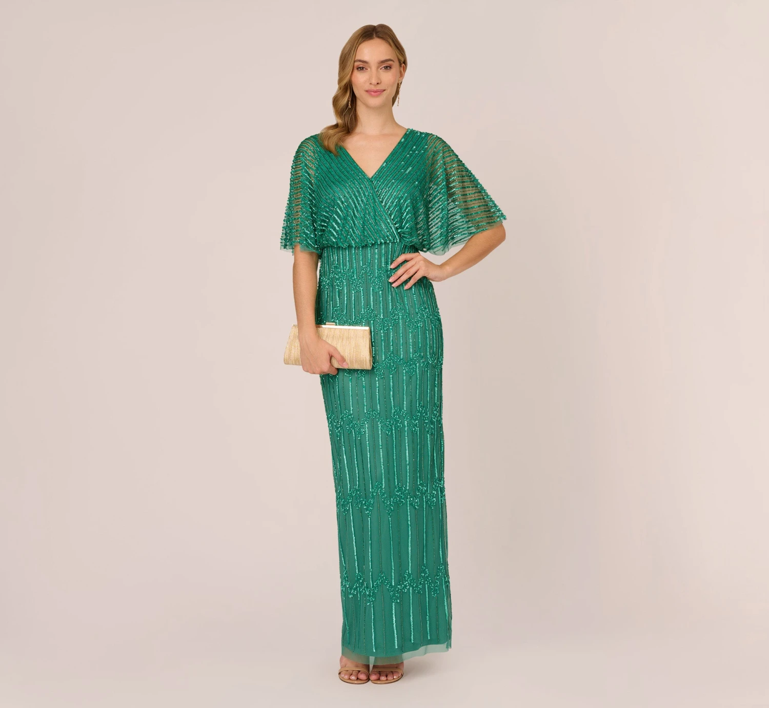 Adrianna Papell Hand-Beaded Illusion Long Column Blouson Gown In Jungle Green 4 Adrianna Papell Hand-Beaded Illusion Long Column Blouson Gown In Jungle Green - Image 2
