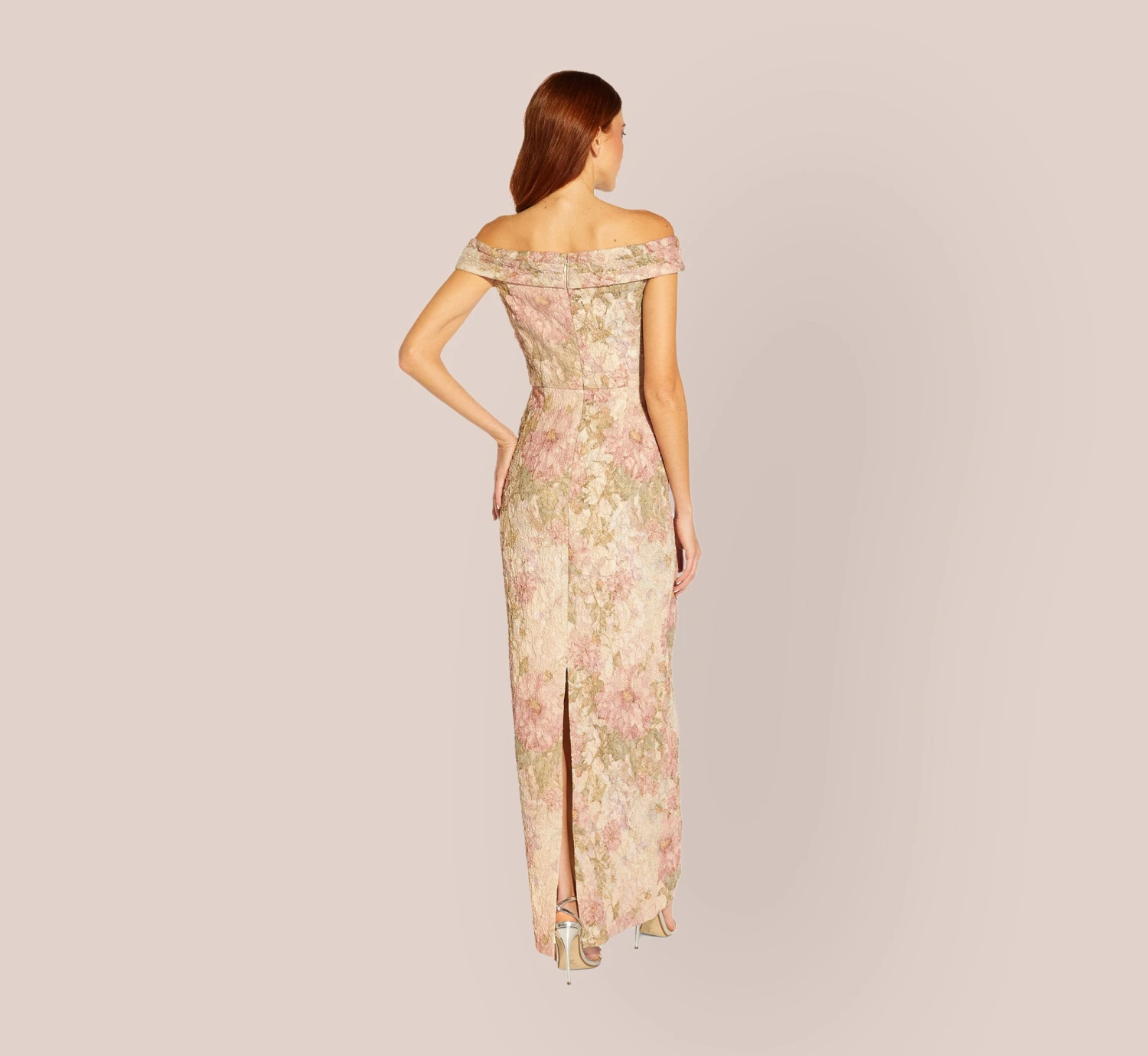 Adrianna Papell Floral Off-The-Shoulder Matelasse Column Gown In Rose Multi 6 Adrianna Papell Floral Off-The-Shoulder Matelasse Column Gown In Rose Multi - Image 4