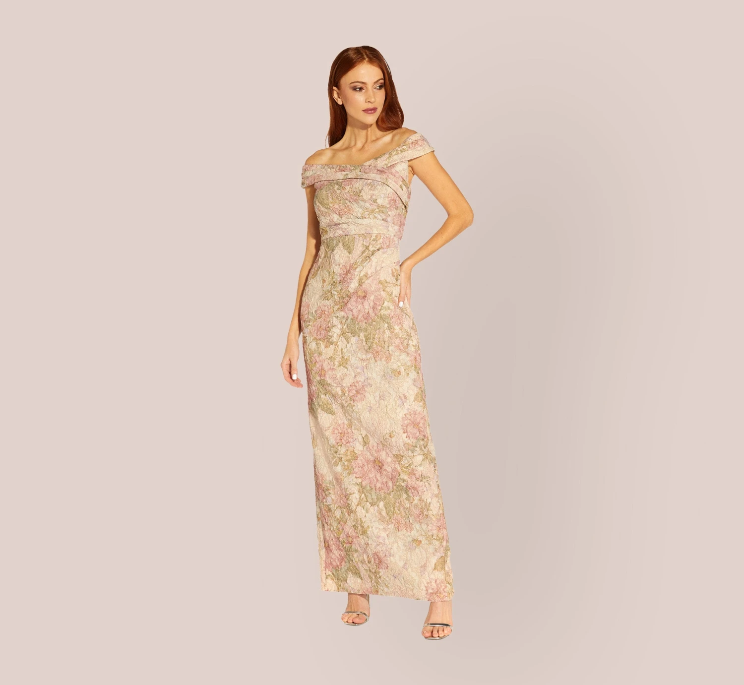 Adrianna Papell Floral Off-The-Shoulder Matelasse Column Gown In Rose Multi 3 Adrianna Papell Floral Off-The-Shoulder Matelasse Column Gown In Rose Multi