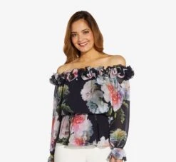 Adrianna Papell Floral-Print Chiffon Blouson Blouse In Midnight Multi