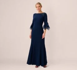 Adrianna Papell Beaded Crepe Long Fit-And-Flare Gown In Midnight