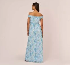 Adrianna Papell Floral-Print Off-The-Shoulder Chiffon Long Gown In Blue Multi 12 Adrianna Papell Floral-Print Off-The-Shoulder Chiffon Long Gown In Blue Multi -Adrianna Papell Shop AP1E209472 AA461 Regular Back
