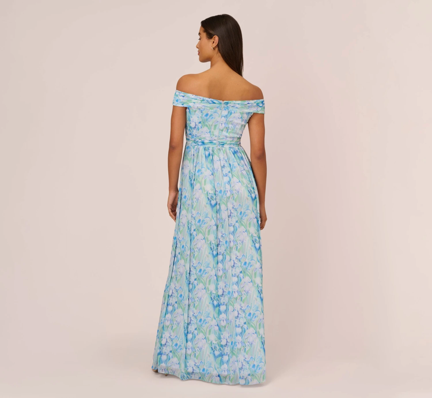 Adrianna Papell Floral-Print Off-The-Shoulder Chiffon Long Gown In Blue Multi 6 Adrianna Papell Floral-Print Off-The-Shoulder Chiffon Long Gown In Blue Multi - Image 4