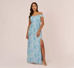 Adrianna Papell Floral-Print Off-The-Shoulder Chiffon Long Gown In Blue Multi