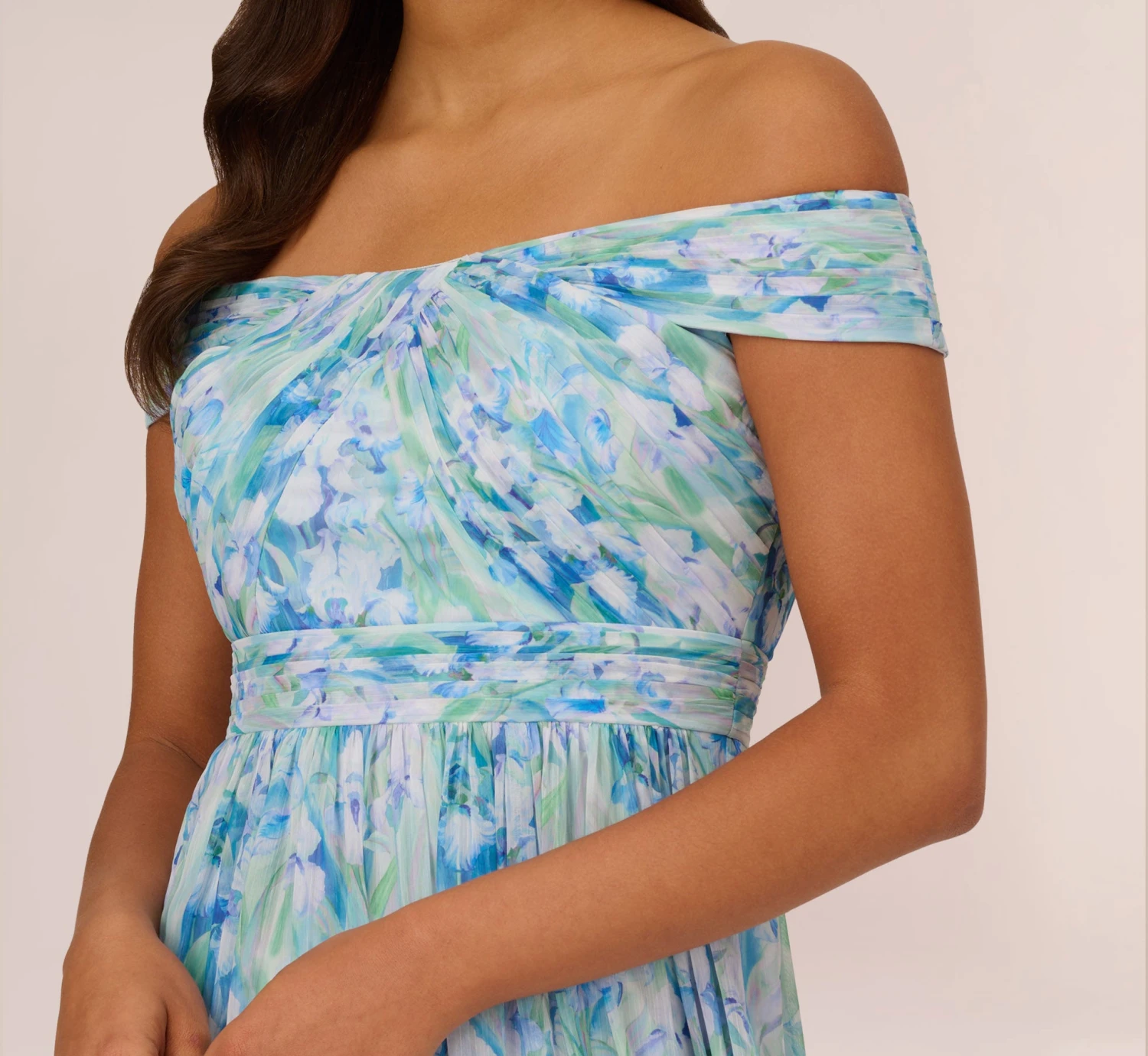 Adrianna Papell Floral-Print Off-The-Shoulder Chiffon Long Gown In Blue Multi 9 Adrianna Papell Floral-Print Off-The-Shoulder Chiffon Long Gown In Blue Multi - Image 7