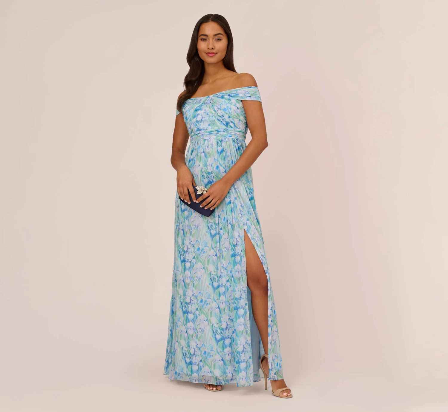 Adrianna Papell Floral-Print Off-The-Shoulder Chiffon Long Gown In Blue Multi 4 Adrianna Papell Floral-Print Off-The-Shoulder Chiffon Long Gown In Blue Multi - Image 2