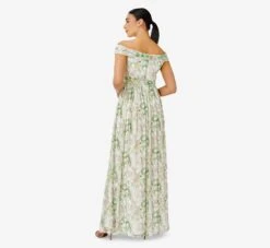 Adrianna Papell Floral-Print Off-The-Shoulder Chiffon Long Gown In Spring Mint Multi -Adrianna Papell Shop AP1E209472 AL484 Regular Back