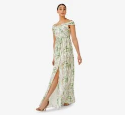 Adrianna Papell Floral-Print Off-The-Shoulder Chiffon Long Gown In Spring Mint Multi -Adrianna Papell Shop AP1E209472 AL484 Regular Side
