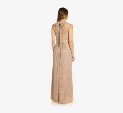 Adrianna Papell Metallic Knit Halter Long Gown In Champagne Gold -Adrianna Papell Shop AP1E209488 AQ298 Regular Back