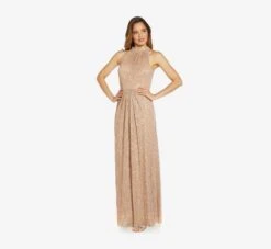 Adrianna Papell Metallic Knit Halter Long Gown In Champagne Gold -Adrianna Papell Shop AP1E209488 AQ298 Regular Default