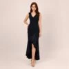 Adrianna Papell Satin Crepe High/Low Gown With Button Details In Dark Navy 2 Adrianna Papell Satin Crepe High/Low Gown With Button Details In Dark Navy -Adrianna Papell Shop AP1E209529 AV410 Regular Default