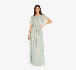 Adrianna Papell Floral-Print Tie-Front Fit-And-Flare Chiffon Long Gown In Skyway