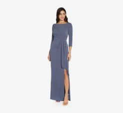 Adrianna Papell Metallic Knit Long Draped Column Gown In Steel Blue -Adrianna Papell Shop AP1E209543 AA460 Regular Alternate