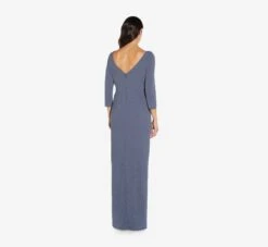 Adrianna Papell Metallic Knit Long Draped Column Gown In Steel Blue -Adrianna Papell Shop AP1E209543 AA460 Regular Back
