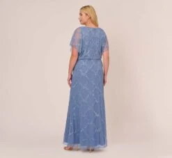 Adrianna Papell Plus Size Hand-Beaded Blouson Long Gown With Flutter Sleeves In French Blue -Adrianna Papell Shop AP1E209547 AA544 Plus Back