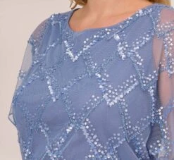 Adrianna Papell Plus Size Hand-Beaded Blouson Long Gown With Flutter Sleeves In French Blue -Adrianna Papell Shop AP1E209547 AA544 Plus Detail