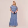 Adrianna Papell Plus Size Hand-Beaded Blouson Long Gown With Flutter Sleeves In French Blue -Adrianna Papell Shop AP1E209547 AA544 Plus Side