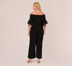Adrianna Papell Plus Size Off The Shoulder Crepe Jumpsuit With Organza Sleeves In Black -Adrianna Papell Shop AP1E209617 AA002 Plus Back