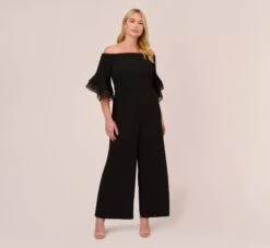 Adrianna Papell Plus Size Off The Shoulder Crepe Jumpsuit With Organza Sleeves In Black