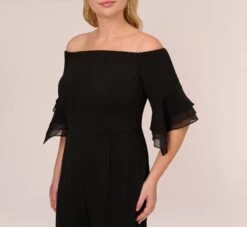 Adrianna Papell Plus Size Off The Shoulder Crepe Jumpsuit With Organza Sleeves In Black -Adrianna Papell Shop AP1E209617 AA002 Plus Detail