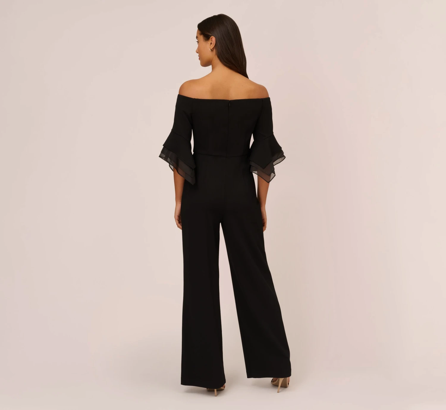 Adrianna Papell Off The Shoulder Crepe Jumpsuit With Organza Sleeves In Black 6 Adrianna Papell Off The Shoulder Crepe Jumpsuit With Organza Sleeves In Black - Image 4