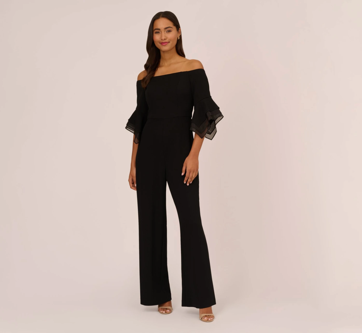 Adrianna Papell Off The Shoulder Crepe Jumpsuit With Organza Sleeves In Black 3 Adrianna Papell Off The Shoulder Crepe Jumpsuit With Organza Sleeves In Black
