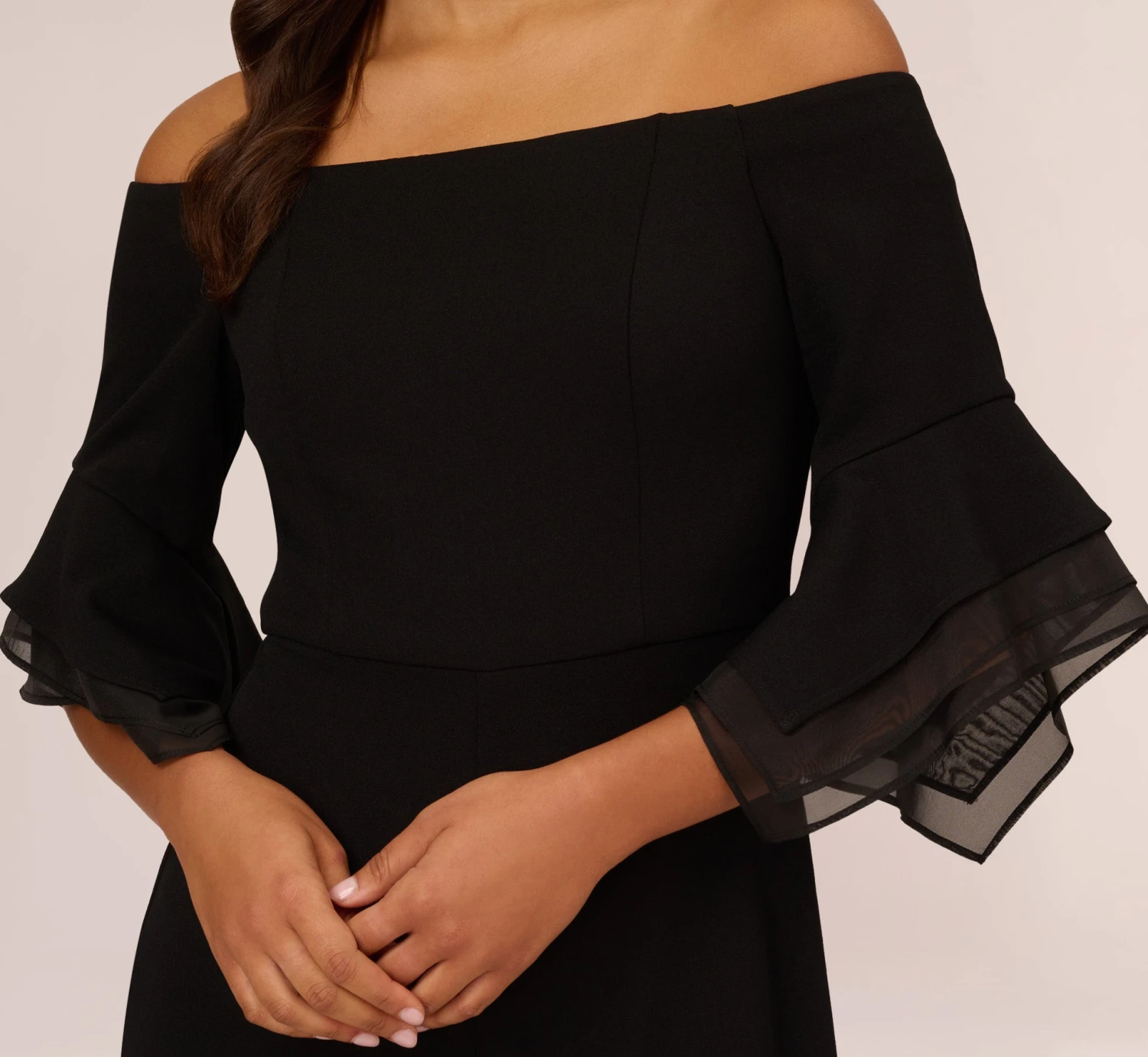 Adrianna Papell Off The Shoulder Crepe Jumpsuit With Organza Sleeves In Black 5 Adrianna Papell Off The Shoulder Crepe Jumpsuit With Organza Sleeves In Black - Image 3