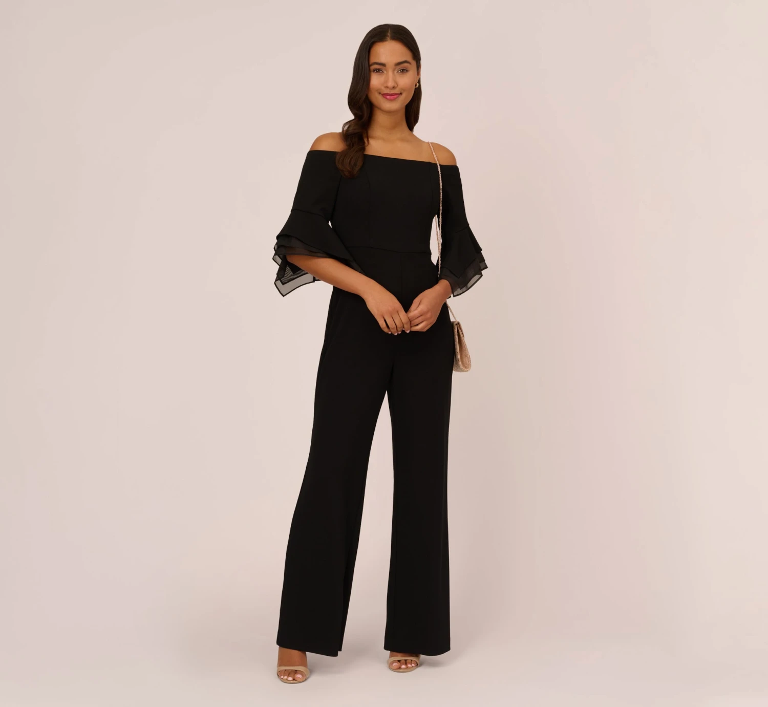 Adrianna Papell Off The Shoulder Crepe Jumpsuit With Organza Sleeves In Black 4 Adrianna Papell Off The Shoulder Crepe Jumpsuit With Organza Sleeves In Black - Image 2