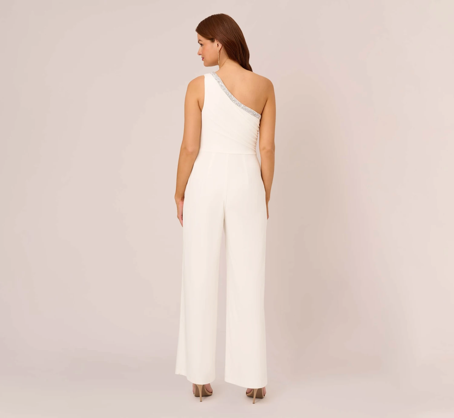 Adrianna Papell Beaded One-Shoulder Matte Jersey Jumpsuit In Ivory 6 Adrianna Papell Beaded One-Shoulder Matte Jersey Jumpsuit In Ivory - Image 4