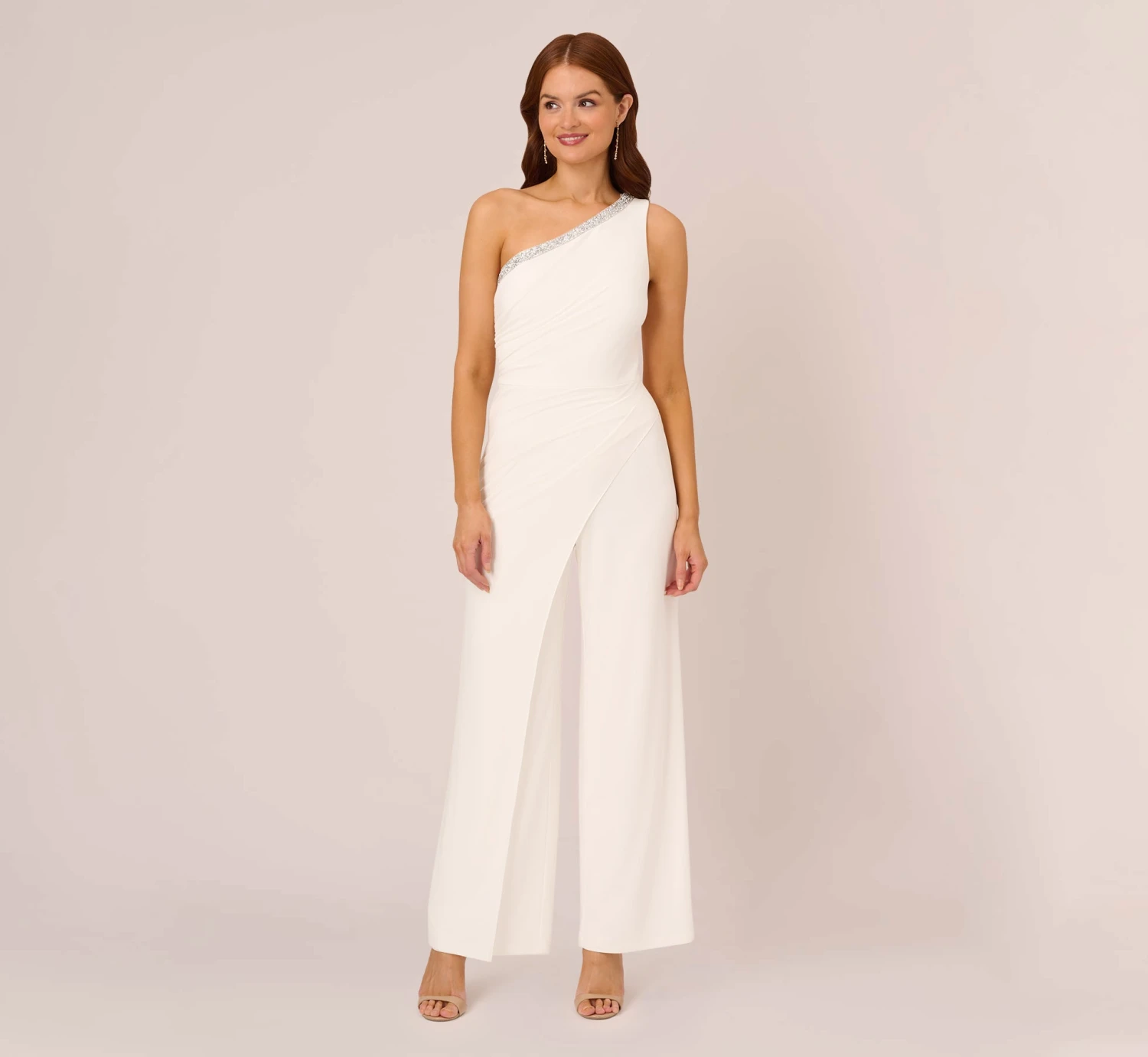 Adrianna Papell Beaded One-Shoulder Matte Jersey Jumpsuit In Ivory 4 Adrianna Papell Beaded One-Shoulder Matte Jersey Jumpsuit In Ivory - Image 2