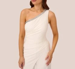 Adrianna Papell Beaded One-Shoulder Matte Jersey Jumpsuit In Ivory 10 Adrianna Papell Beaded One-Shoulder Matte Jersey Jumpsuit In Ivory -Adrianna Papell Shop AP1E209618 AA194 Regular Detail
