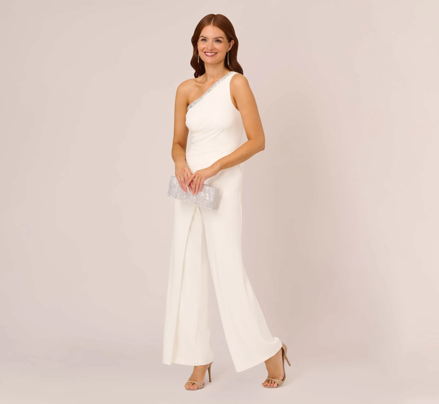 Adrianna Papell Beaded One-Shoulder Matte Jersey Jumpsuit In Ivory 3 Adrianna Papell Beaded One-Shoulder Matte Jersey Jumpsuit In Ivory