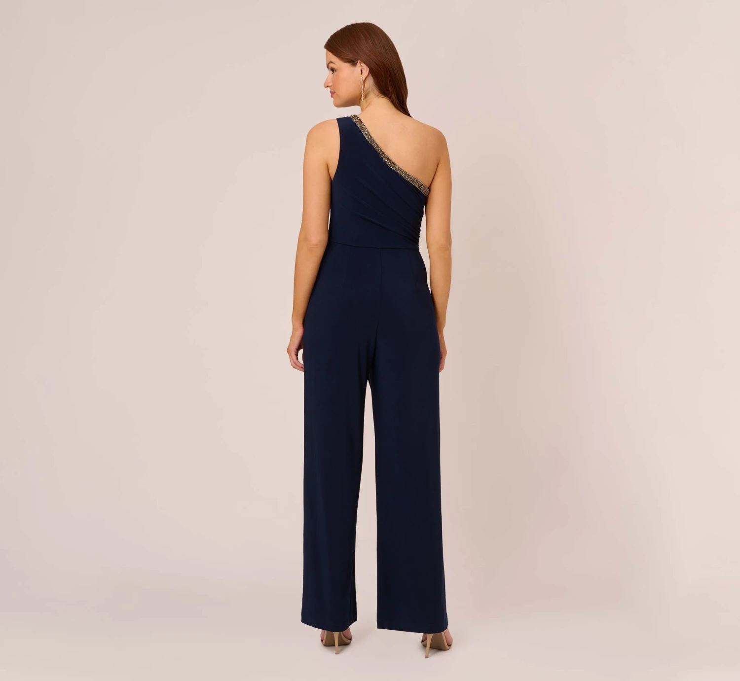 Adrianna Papell Beaded One-Shoulder Matte Jersey Jumpsuit In Midnight 5 Adrianna Papell Beaded One-Shoulder Matte Jersey Jumpsuit In Midnight - Image 3