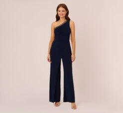 Adrianna Papell Beaded One-Shoulder Matte Jersey Jumpsuit In Midnight