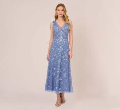 Adrianna Papell Hand-Beaded Ankle-Length Dress In French Blue