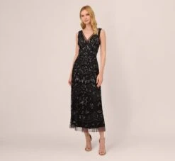 Adrianna Papell Hand-Beaded Ankle-Length Dress In Black Gunmetal