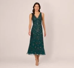 Adrianna Papell Hand-Beaded Ankle-Length Dress In Gem Green