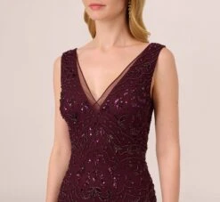 Adrianna Papell Hand-Beaded Ankle-Length Dress In Night Plum -Adrianna Papell Shop AP1E209645 BK940 Regular Detail