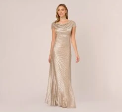 Adrianna Papell Metallic Foil Knit Draped Long Gown In Alabaster