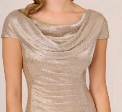 Adrianna Papell Metallic Foil Knit Draped Long Gown In Alabaster -Adrianna Papell Shop AP1E209681 AB268 Regular Detail