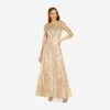 Adrianna Papell Embroidered And Hand-Sequined Illusion A-Line Long Gown In Champagne Gold