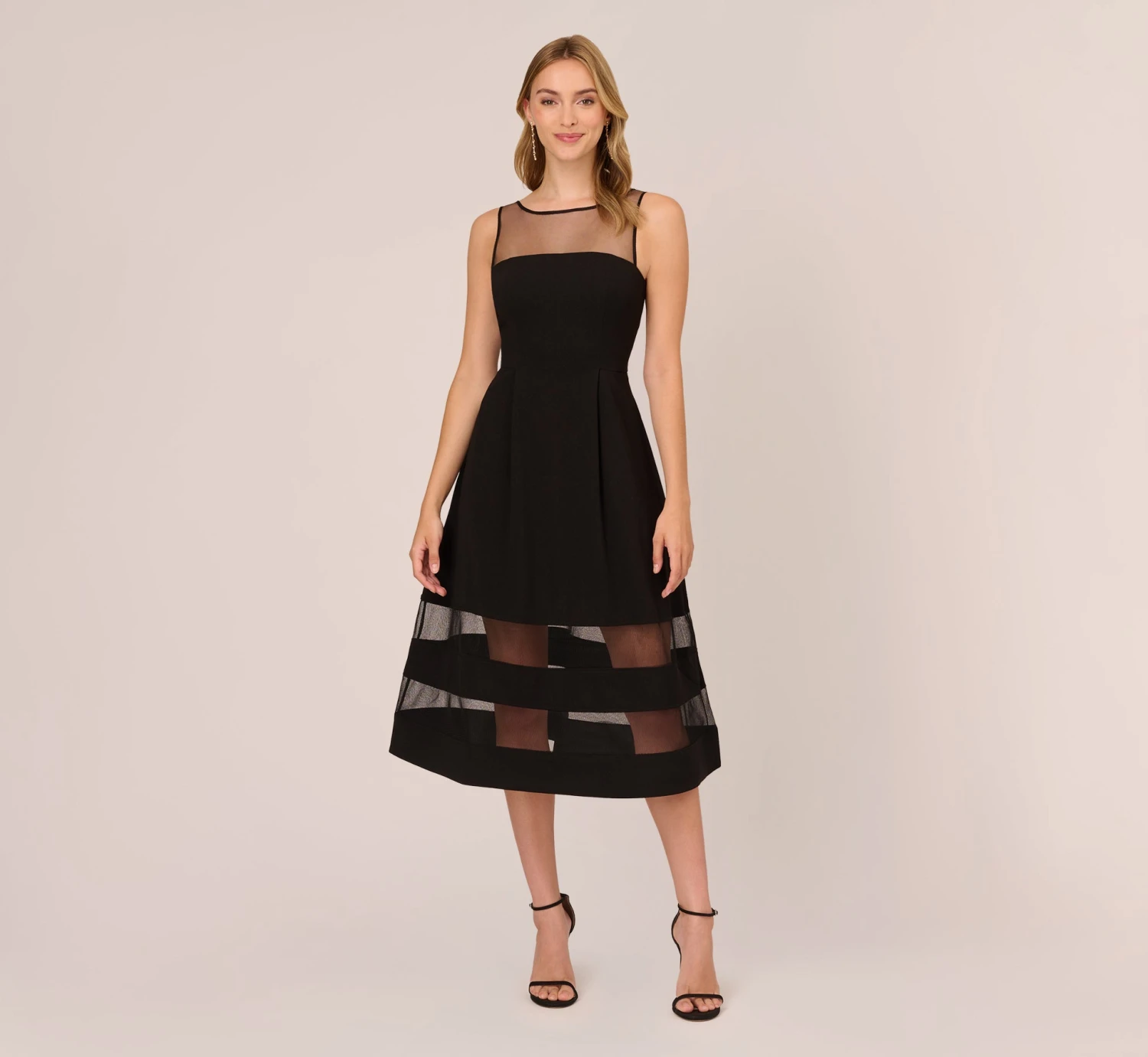 Adrianna Papell Crepe And Mesh Illusion Midi-Length Fit-And-Flare Cocktail Dress In Black 4 Adrianna Papell Crepe And Mesh Illusion Midi-Length Fit-And-Flare Cocktail Dress In Black - Image 2