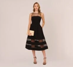 Adrianna Papell Crepe And Mesh Illusion Midi-Length Fit-And-Flare Cocktail Dress In Black