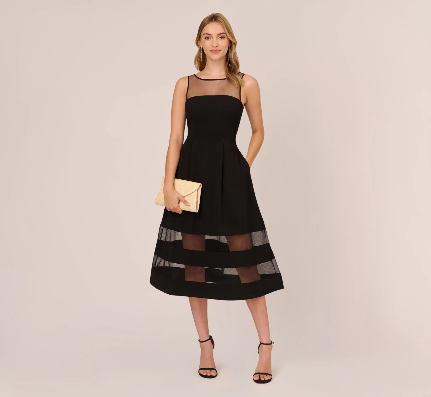Adrianna Papell Crepe And Mesh Illusion Midi-Length Fit-And-Flare Cocktail Dress In Black 3 Adrianna Papell Crepe And Mesh Illusion Midi-Length Fit-And-Flare Cocktail Dress In Black