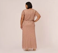 Adrianna Papell Plus Size Fleur Beaded Blouson Gown With Sheer Short Sleeves In Rose Gold 11 Adrianna Papell Plus Size Fleur Beaded Blouson Gown With Sheer Short Sleeves In Rose Gold -Adrianna Papell Shop AP1E209812 AA958 Plus Back