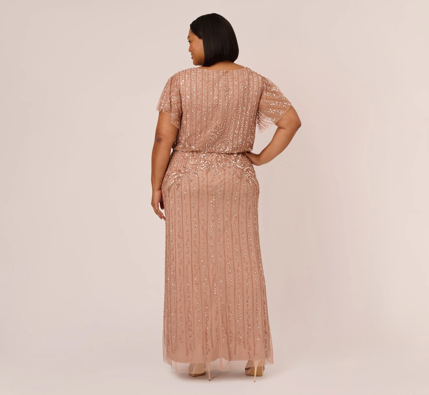 Adrianna Papell Plus Size Fleur Beaded Blouson Gown With Sheer Short Sleeves In Rose Gold 6 Adrianna Papell Plus Size Fleur Beaded Blouson Gown With Sheer Short Sleeves In Rose Gold - Image 4