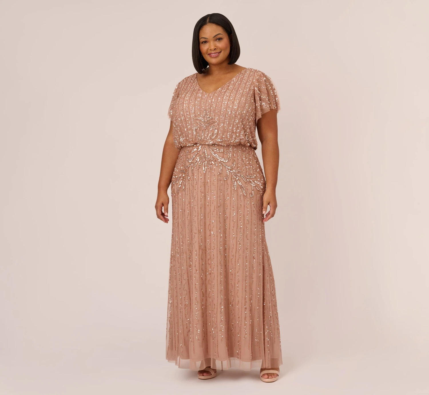 Adrianna Papell Plus Size Fleur Beaded Blouson Gown With Sheer Short Sleeves In Rose Gold 3 Adrianna Papell Plus Size Fleur Beaded Blouson Gown With Sheer Short Sleeves In Rose Gold